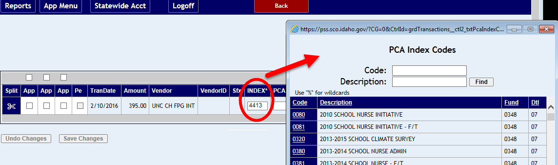 Index code highlighted with Index Code look up window shown