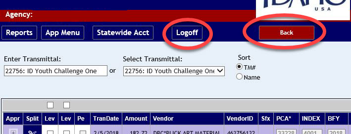 Logoff and Back buttons highlighted
