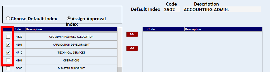 List of Approval Indexes with check boxes highlighted