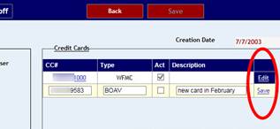 new credit card entry with Save link highlighted