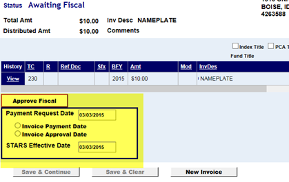 Payment request date and STARS effective date fields highlighted