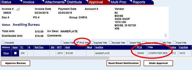 PCA title check box and description field highlighted