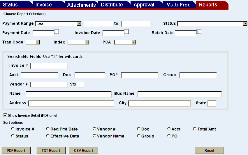 various report criteria fields