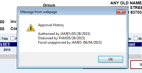 Approval History pop up window shown