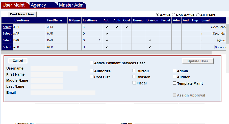 User Maintennce screen with various settings shown