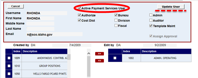 User maintenance scren with Active Payment Services User check box and update user button highlighted