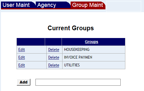 Group Maintenance screen with three groups and an add field shown