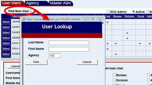 User Maintenance screen with Find New User button highlighted and user lookup window shown