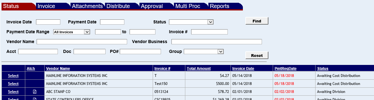 Status screen with three invoices shown