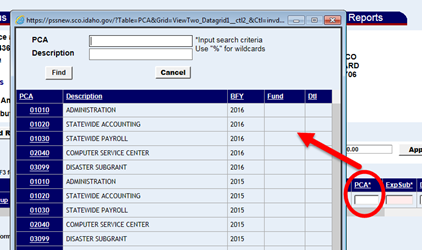 PCA field highlighted and a look up window displayed