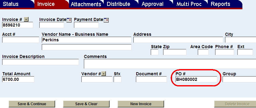 purchase order number highlighted on the invoice screen