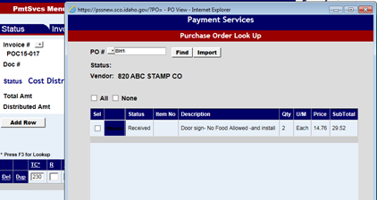 purchase order items listed in the look up window