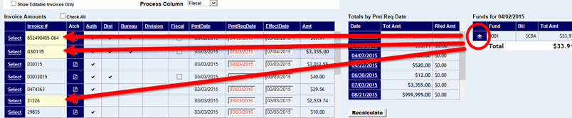 fund icon highlighted and specific invoice numbers shown