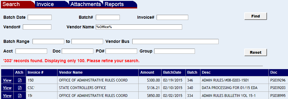 search results with a list of processed invoices