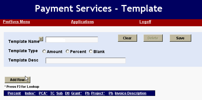 the template maintenance screen and associated fields