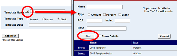 the template name asterisk highlighted and various template search criteria shown