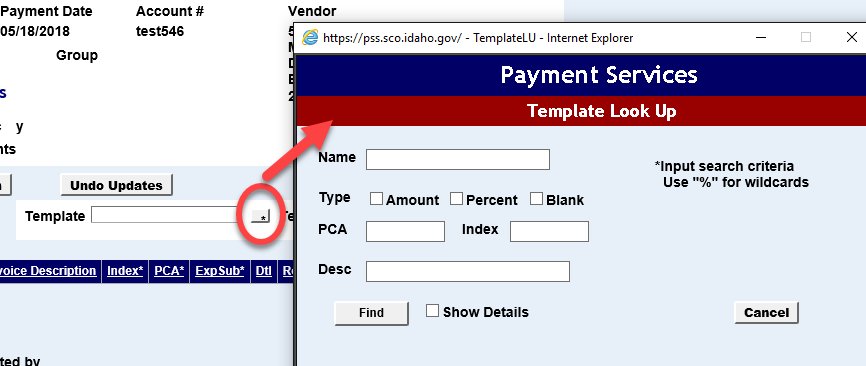 the template asterisk highlighted and various template search criteria shown