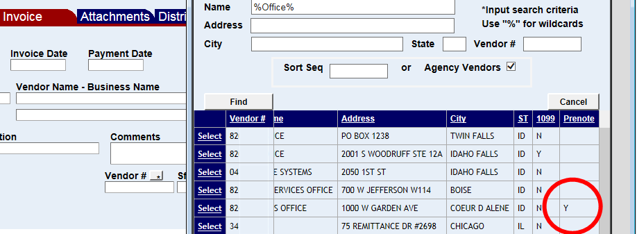 the vendor look up window with the prenote indicator highlighted