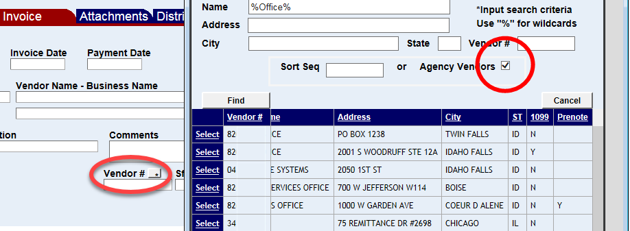 the vendor number field asterisk highlighted and the vendor look up window displayed