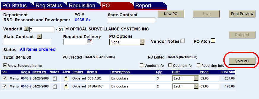 the Void PO button highlighted on the Purchase Order screen