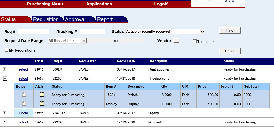 the requisitions status screen with a list of several requistions