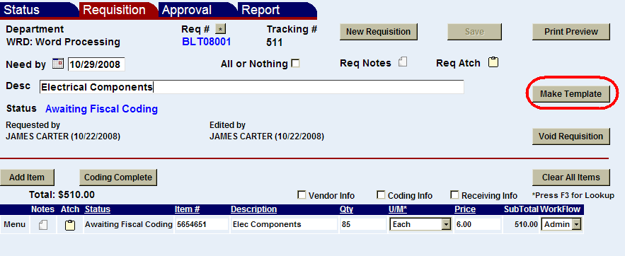 the requisitions screen with the make template button highlighted