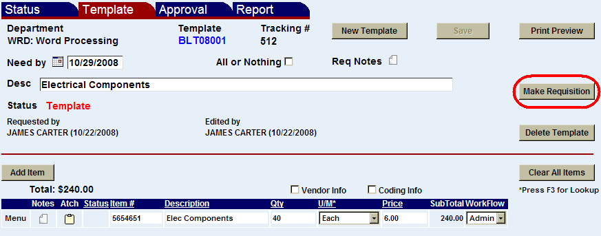 the template screen with the make requisition button highlighted