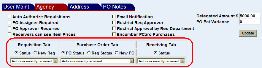 agency screen with requisition tab, purchase order tab, and receiving tab settings highlighted