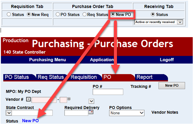 purchase order tab with the new purchase order radio button highlighted and a purchase order screen shown