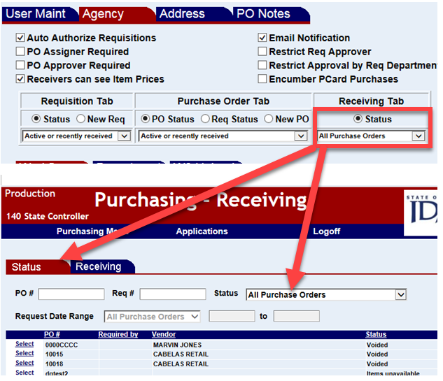 receiving tab with the status radio button highlighted and the receiving status screen shown