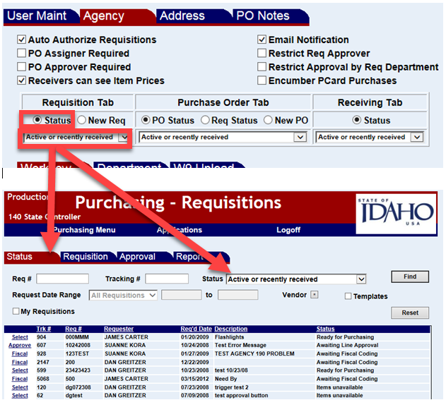 requisition tab with the status radio button highlighted and a requisitons screen shown