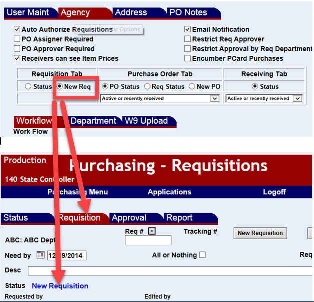 requisition tab with the new reqquisition radio button highlighted and a requisitons screen shown