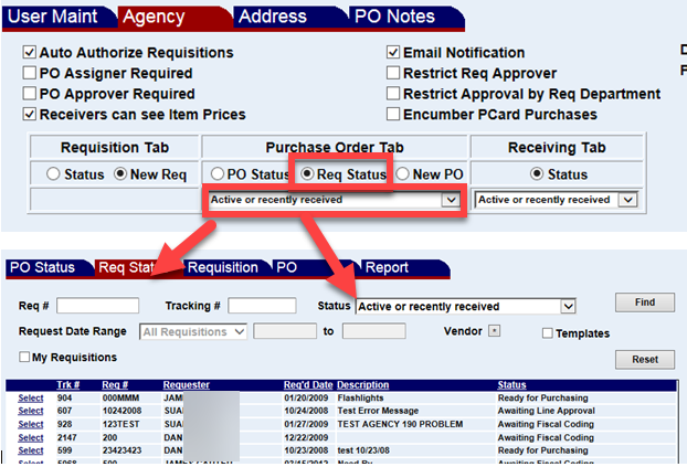 purchase order tab with the requisition status radio button highlighted and the purchase order requisition status screen shown