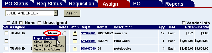 the line item menu of the assign screen