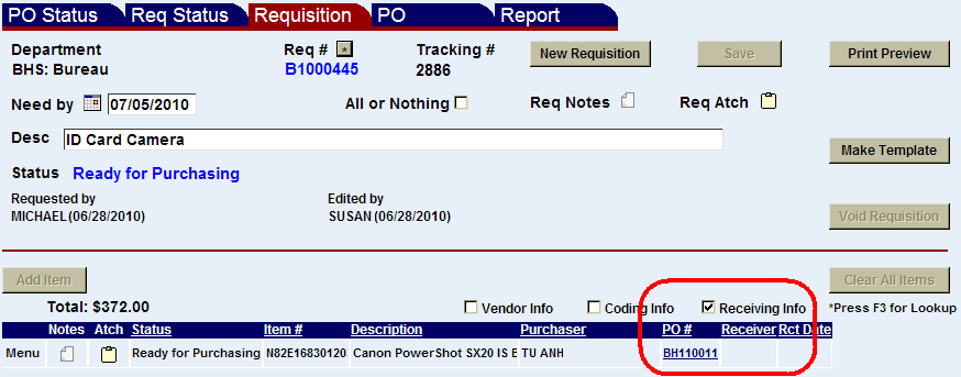 Receiving info check box highlighted and PO number shown