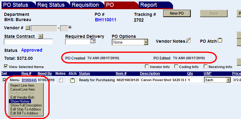 line item menu and purchase order user name highlighted