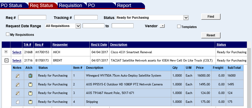 list of requisitons on the requisition status screen