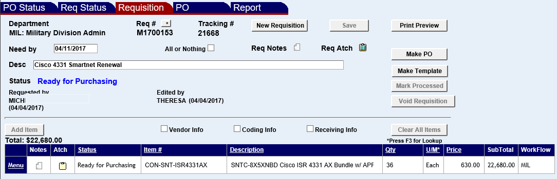 a requisiton shown on the purchasing screen