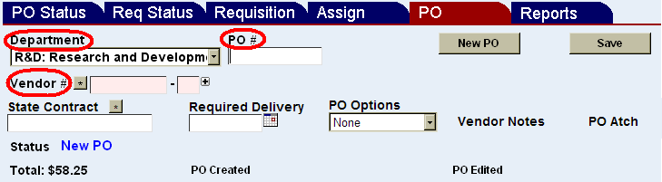 the department and PO number and vendor number fileds highlighted