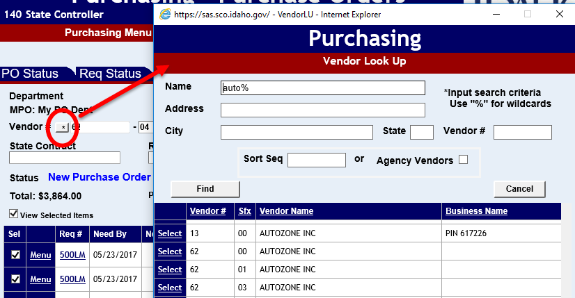 the vendor asterisk and the vendor look up window highlighted