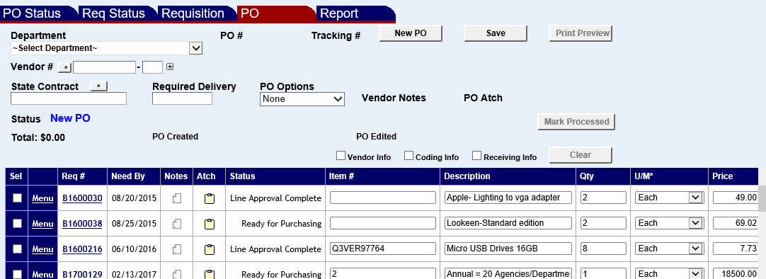 a list of requisition items on the purchase order screen