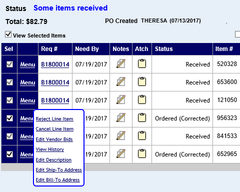 the line item menu for an item with a status of ordered