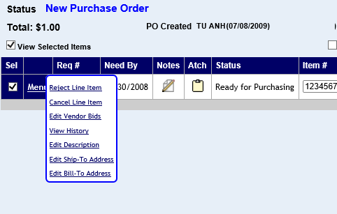 the line item menu of a new purchase order