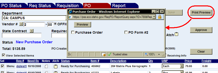 print preview button highlighted