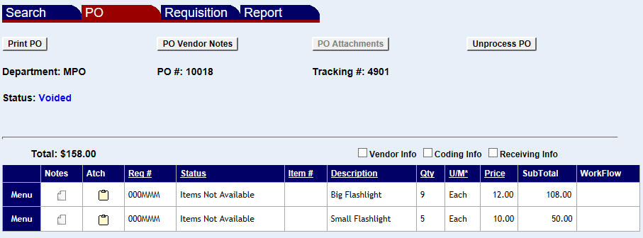 a detail sceen of a processed purchase order