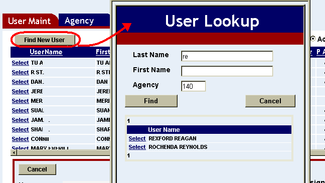 Find New User button highlighted with user lookup window displayed