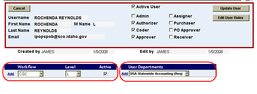 Workflow and Department drop down menus on the user profile screen