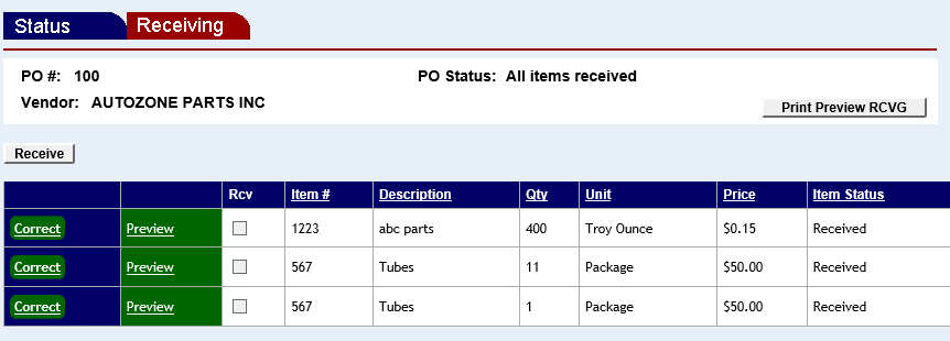 receiving screen with links to correct or to preview purchase order items