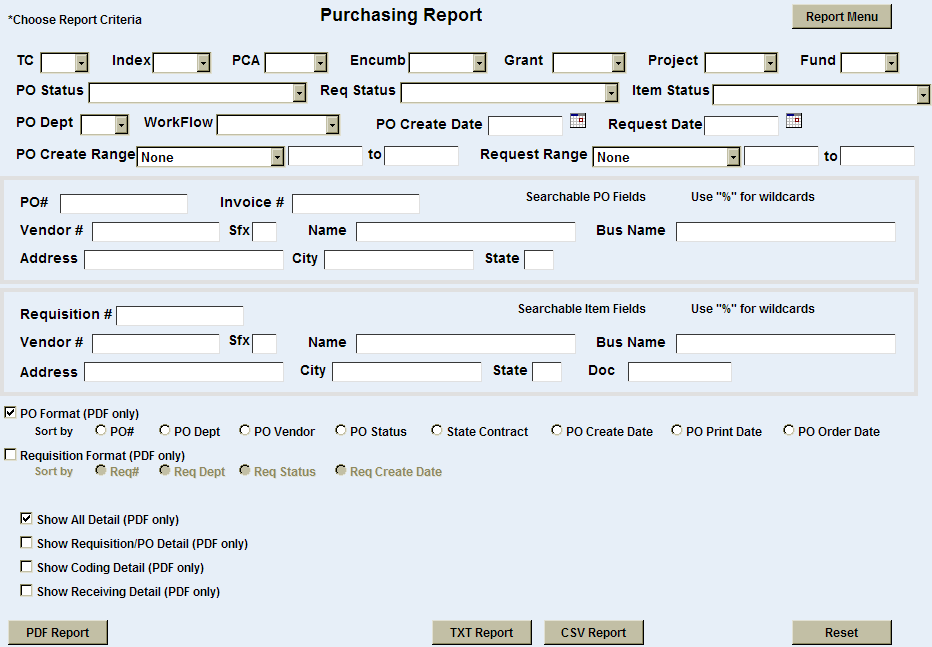 various purchasing report criteria