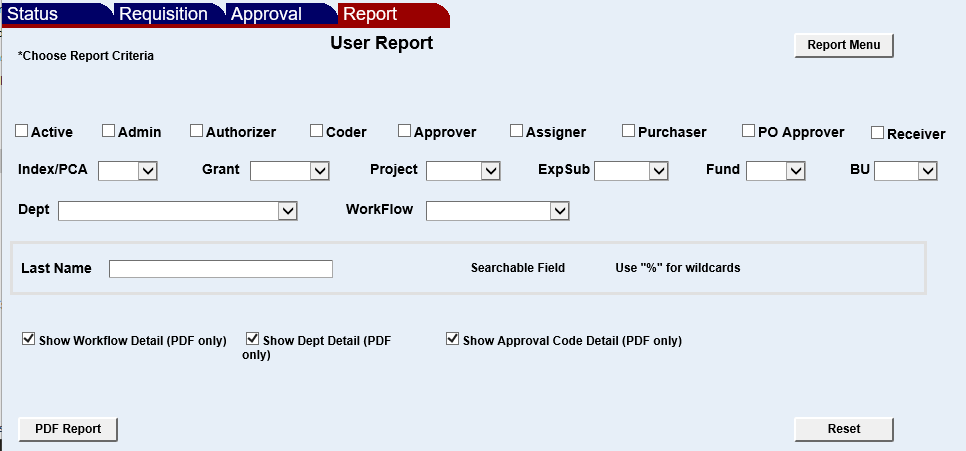 various user report criteria